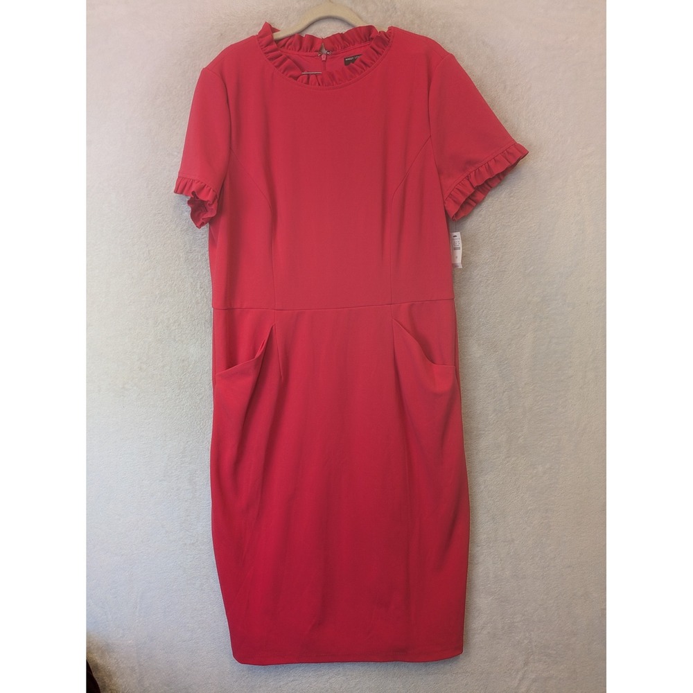 NEW Maggy London Sheath‎ Dress Women's 18 Red Ruffle Neck Midi